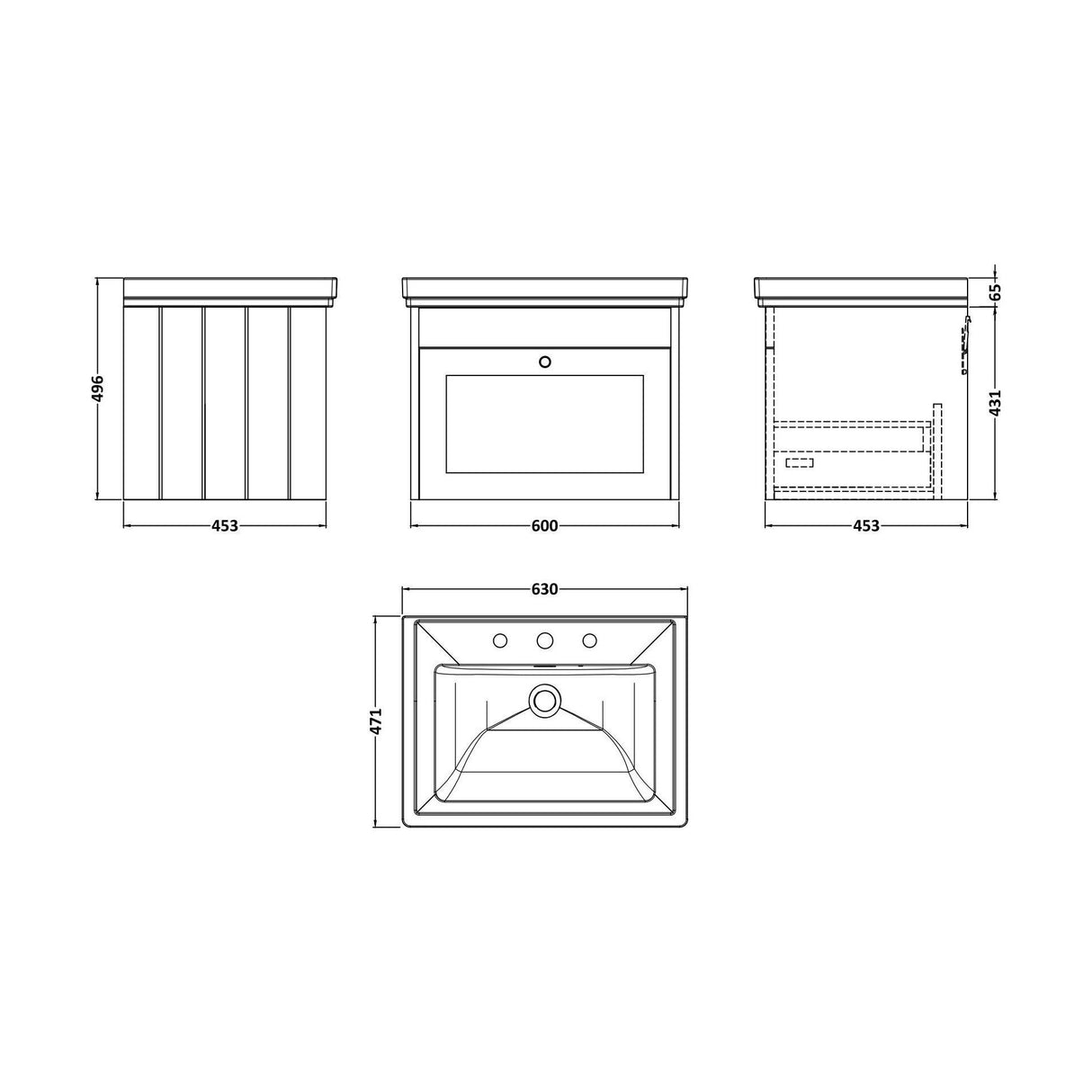 [BFHE894B] Balterley 600mm Wall Hung 1 Drawer Unit with Classic Basin 3 Tap Hole - Satin Green - Technical Drawing