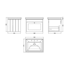 [BFHE894B] Balterley 600mm Wall Hung 1 Drawer Unit with Classic Basin 3 Tap Hole - Satin Green - Technical Drawing