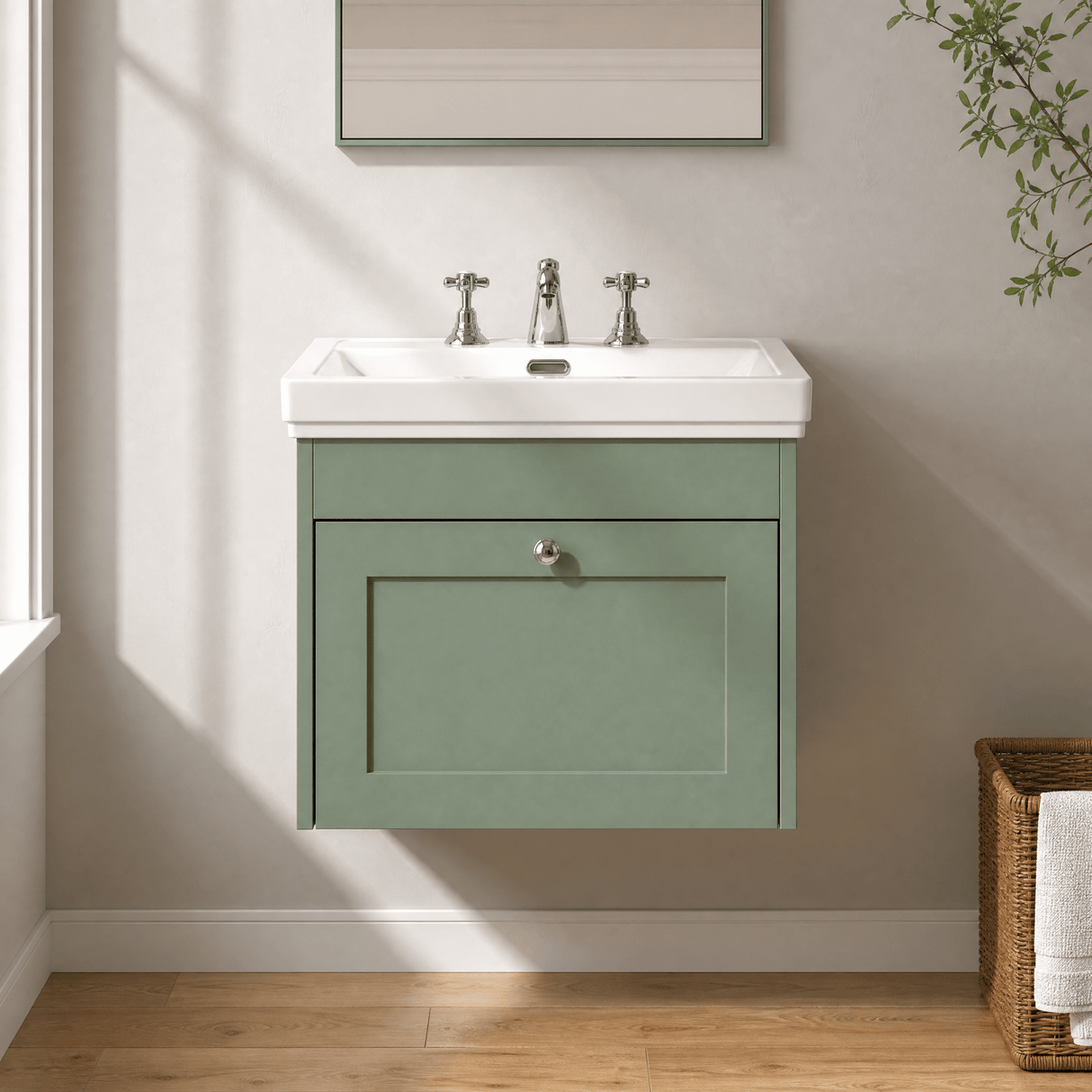 [BFHE894B] Balterley 600mm Wall Hung 1 Drawer Unit with Classic Basin 3 Tap Hole - Satin Green - Lifestyle 1