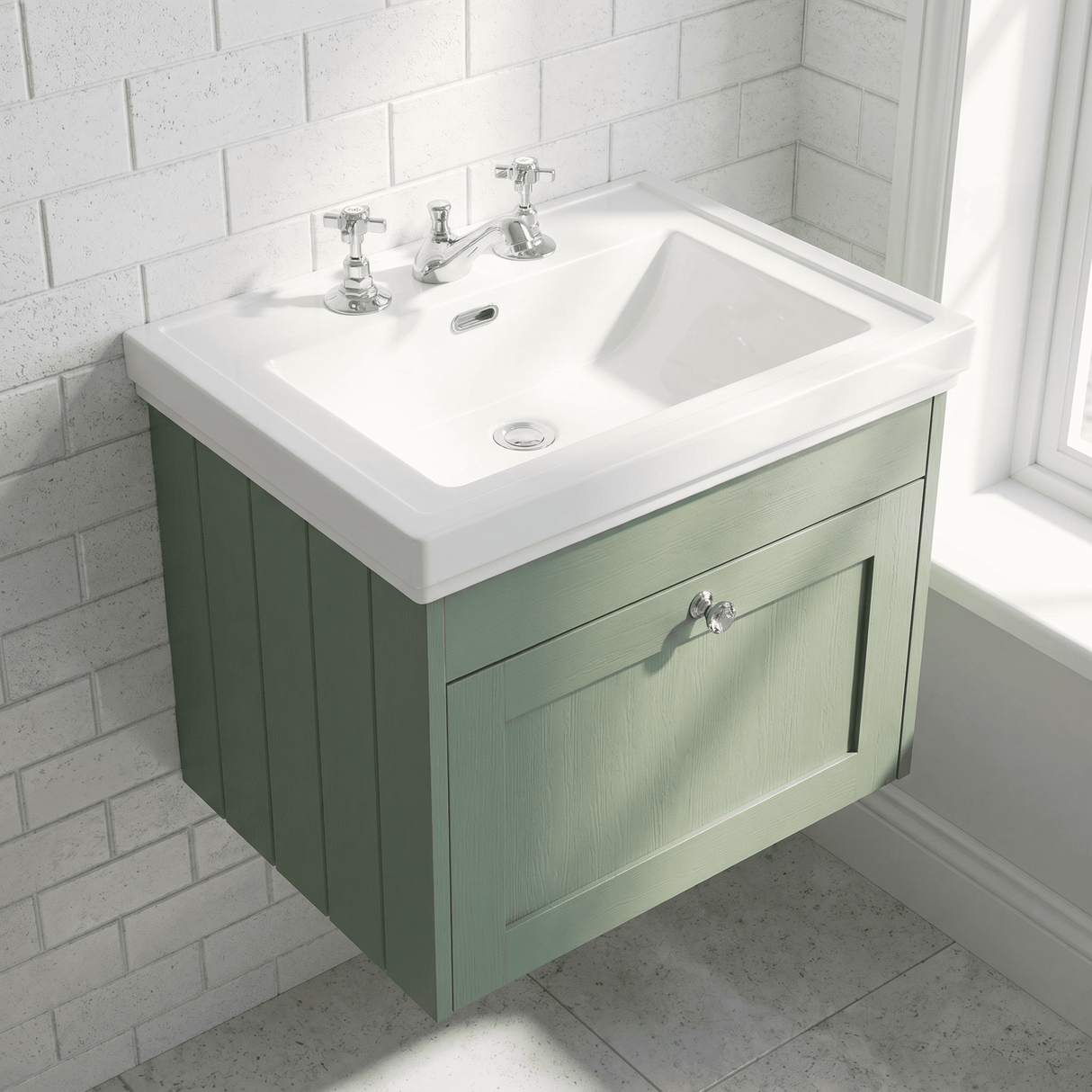 [BFHE894B] Balterley 600mm Wall Hung 1 Drawer Unit with Classic Basin 3 Tap Hole - Satin Green - Lifestyle 2