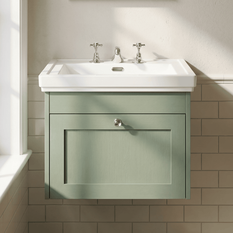 [BFHE894B] Balterley 600mm Wall Hung 1 Drawer Unit with Classic Basin 3 Tap Hole - Satin Green - Silo