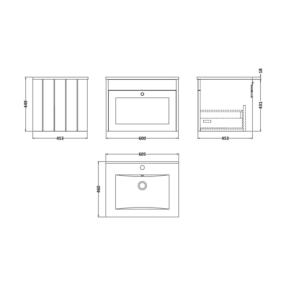 [BFHE894C] Balterley 600mm Wall Hung 1 Drawer Unit with Minimalist Basin 1 Tap Hole - Satin Green - Technical Drawing