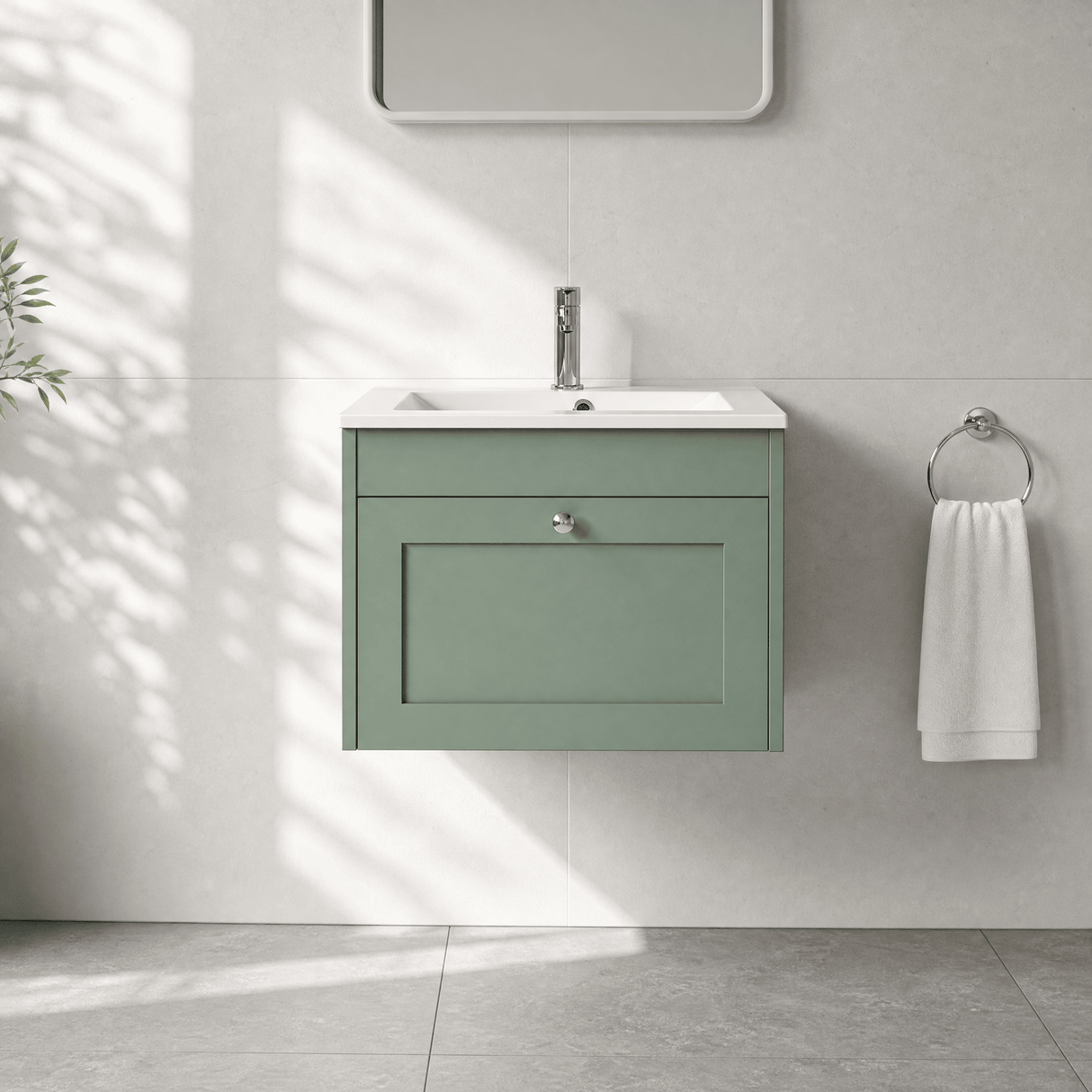 [BFHE894C] Balterley 600mm Wall Hung 1 Drawer Unit with Minimalist Basin 1 Tap Hole - Satin Green - Lifestyle 1