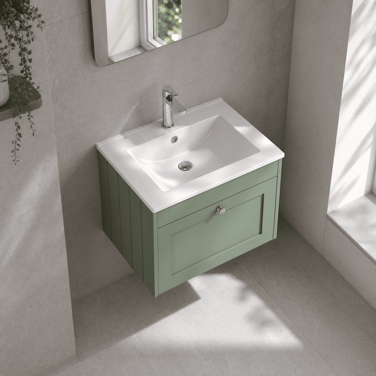 [BFHE894C] Balterley 600mm Wall Hung 1 Drawer Unit with Minimalist Basin 1 Tap Hole - Satin Green - Lifestyle 2