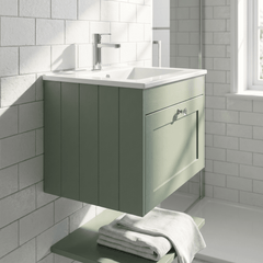 [BFHE894C] Balterley 600mm Wall Hung 1 Drawer Unit with Minimalist Basin 1 Tap Hole - Satin Green - Lifestyle 3