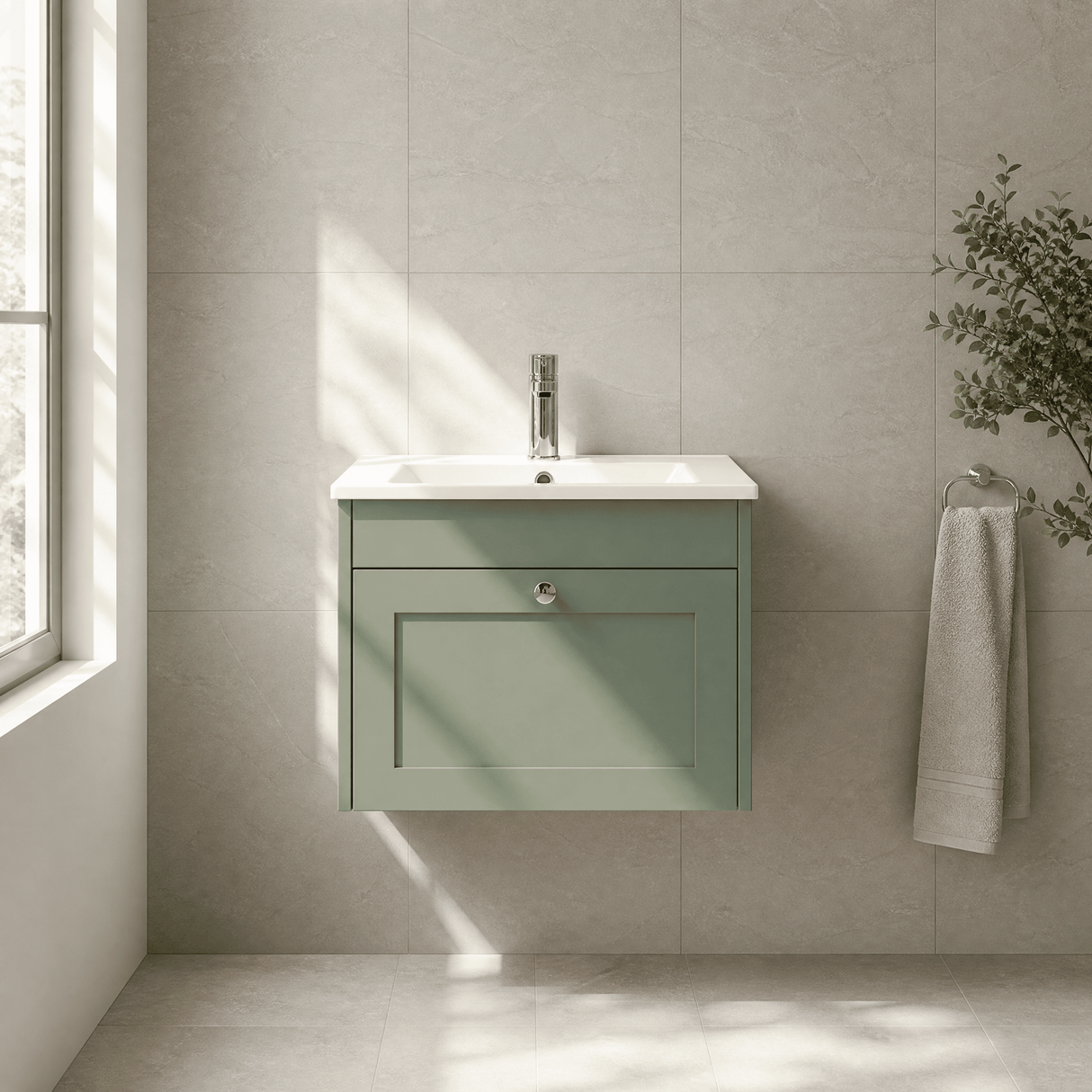 [BFHE894C] Balterley 600mm Wall Hung 1 Drawer Unit with Minimalist Basin 1 Tap Hole - Satin Green - Silo