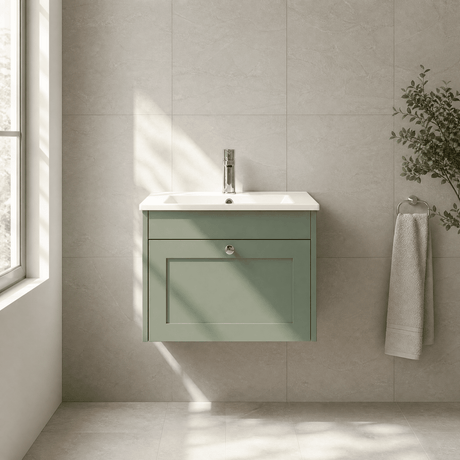 [BFHE894C] Balterley 600mm Wall Hung 1 Drawer Unit with Minimalist Basin 1 Tap Hole - Satin Green - Silo