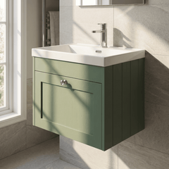 [BFHE894E] Balterley 600mm Wall Hung 1 Drawer Unit with Thin Edge Basin 1 Tap Hole - Satin Green - Lifestyle 3