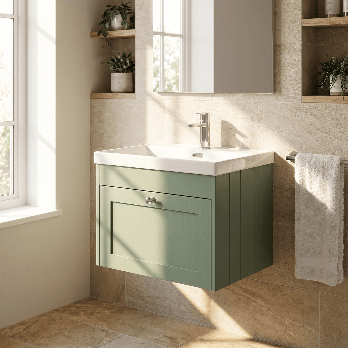 [BFHE894E] Balterley 600mm Wall Hung 1 Drawer Unit with Thin Edge Basin 1 Tap Hole - Satin Green - Silo