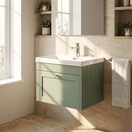 [BFHE894E] Balterley 600mm Wall Hung 1 Drawer Unit with Thin Edge Basin 1 Tap Hole - Satin Green - Silo