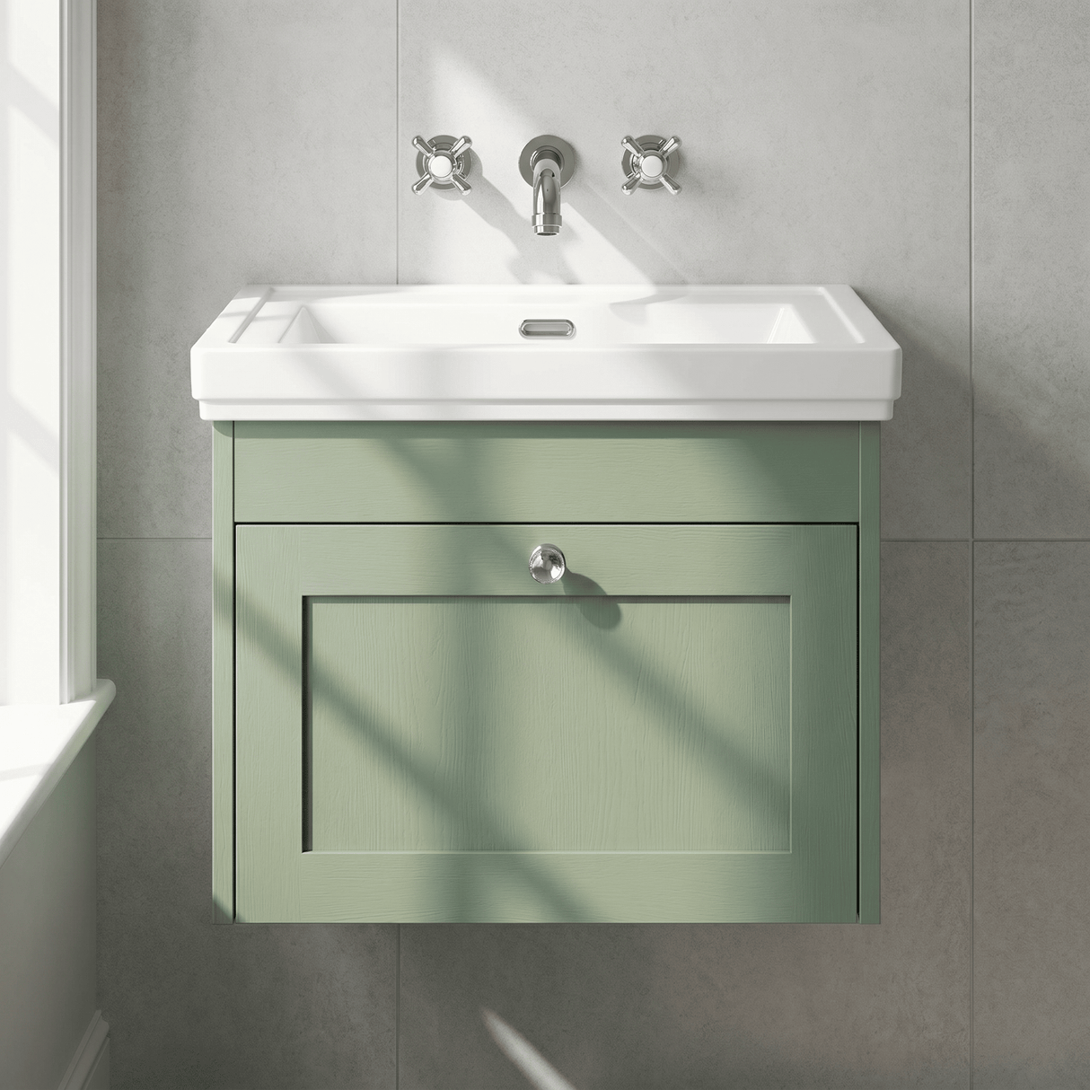 [BFHE894H] Balterley 600mm Wall Hung 1 Drawer Unit with Classic Basin No Tap Hole - Satin Green - Lifestyle 1