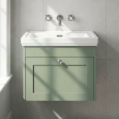[BFHE894H] Balterley 600mm Wall Hung 1 Drawer Unit with Classic Basin No Tap Hole - Satin Green - Lifestyle 1