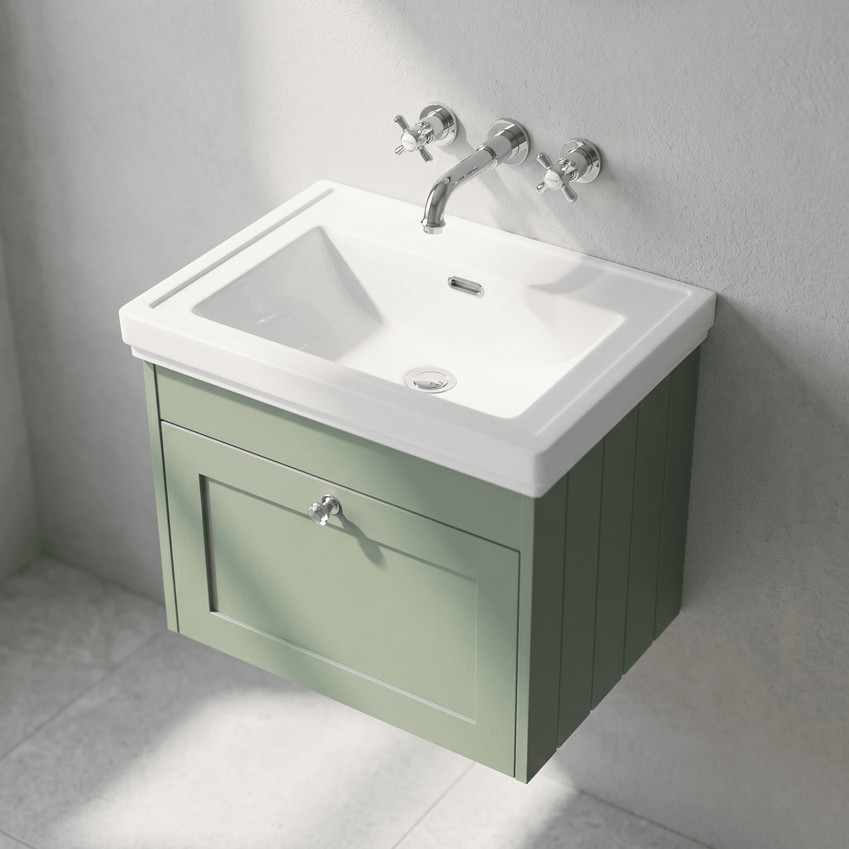 [BFHE894H] Balterley 600mm Wall Hung 1 Drawer Unit with Classic Basin No Tap Hole - Satin Green - Lifestyle 2