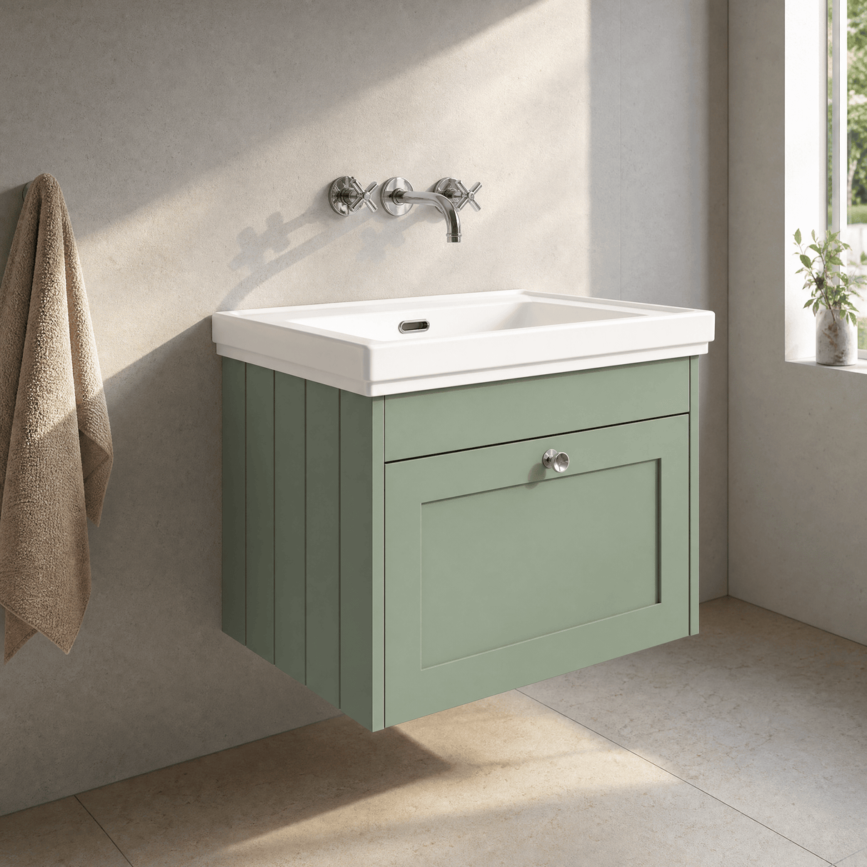 [BFHE894H] Balterley 600mm Wall Hung 1 Drawer Unit with Classic Basin No Tap Hole - Satin Green - Lifestyle 3