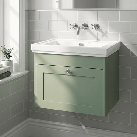 [BFHE894H] Balterley 600mm Wall Hung 1 Drawer Unit with Classic Basin No Tap Hole - Satin Green - Silo