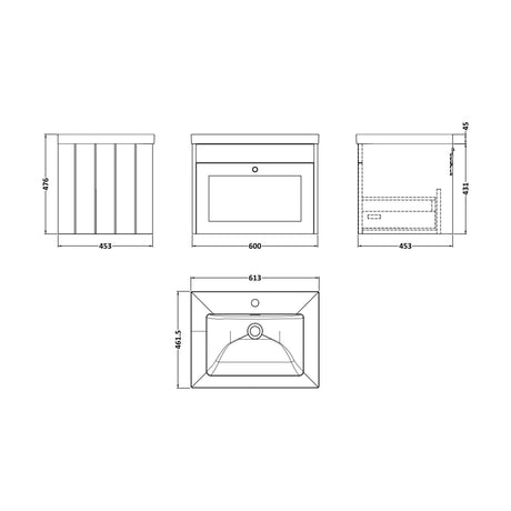 [BFHE894K] Balterley 600mm Wall Hung 1 Drawer Unit with Minimalist Basin No Tap Hole - Satin Green - Technical Drawing