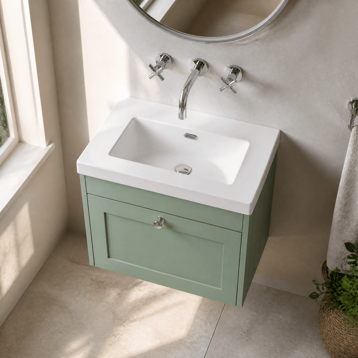 [BFHE894K] Balterley 600mm Wall Hung 1 Drawer Unit with Minimalist Basin No Tap Hole - Satin Green - Lifestyle 2