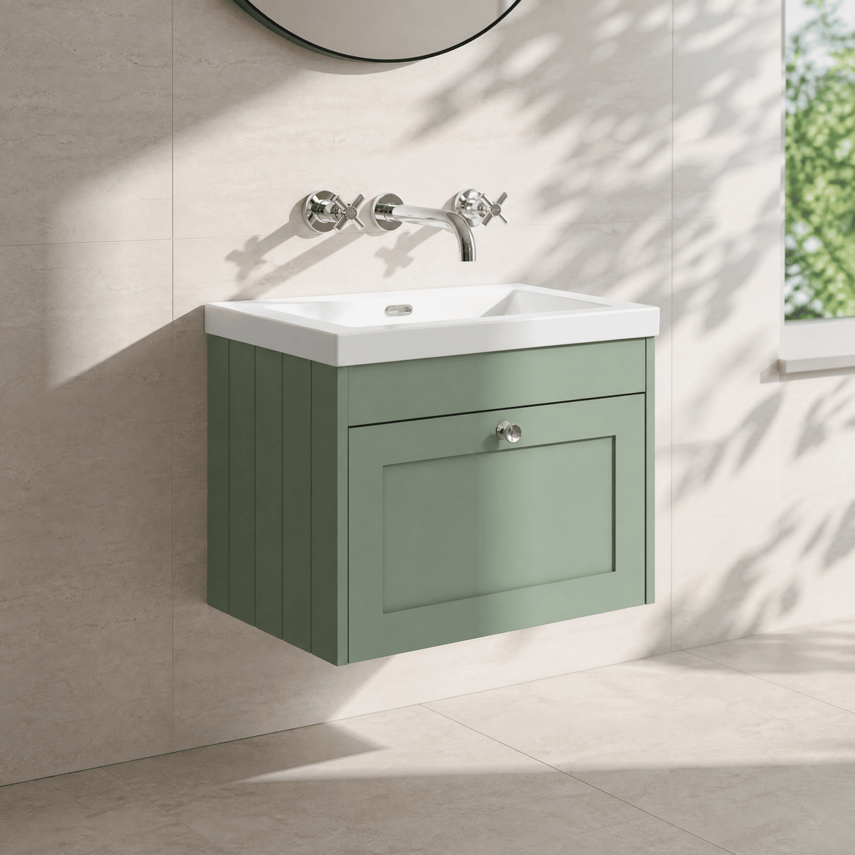 [BFHE894K] Balterley 600mm Wall Hung 1 Drawer Unit with Minimalist Basin No Tap Hole - Satin Green - Lifestyle 3