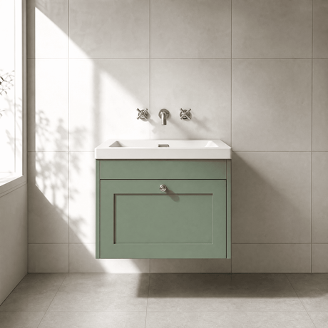[BFHE894K] Balterley 600mm Wall Hung 1 Drawer Unit with Minimalist Basin No Tap Hole - Satin Green - Silo