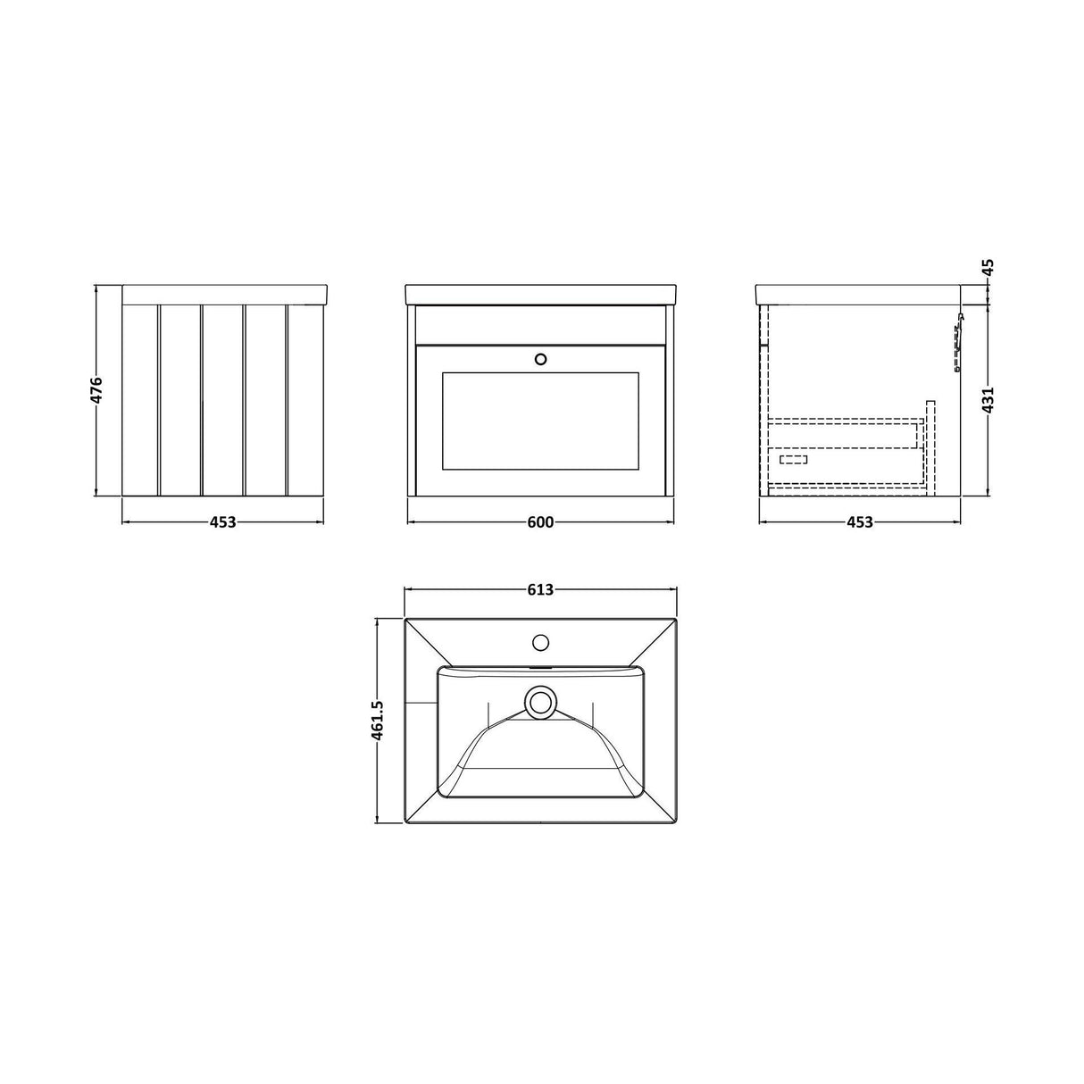 [BFHE894L] Balterley 600mm Wall Hung 1 Drawer Unit & Minimalist Basin 1 Tap Hole - Satin Green - Technical Drawing