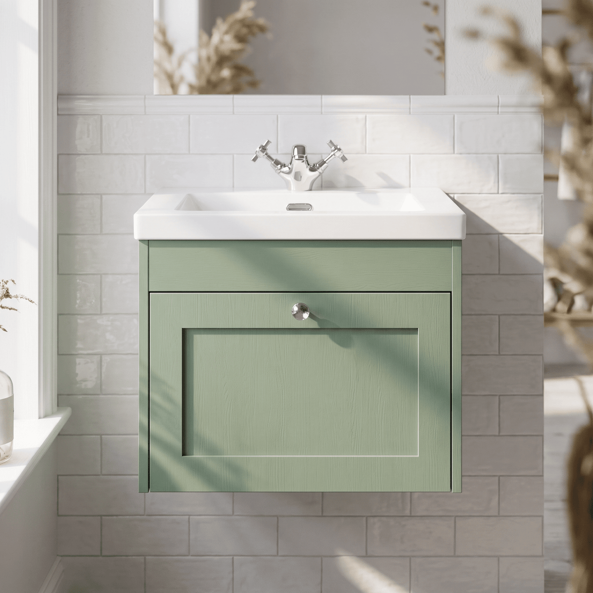 [BFHE894L] Balterley 600mm Wall Hung 1 Drawer Unit & Minimalist Basin 1 Tap Hole - Satin Green - Lifestyle 1