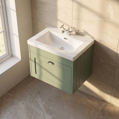 [BFHE894L] Balterley 600mm Wall Hung 1 Drawer Unit & Minimalist Basin 1 Tap Hole - Satin Green - Lifestyle 2