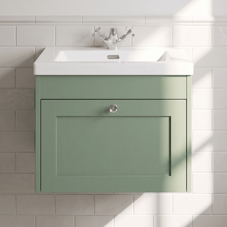 [BFHE894L] Balterley 600mm Wall Hung 1 Drawer Unit & Minimalist Basin 1 Tap Hole - Satin Green - Silo
