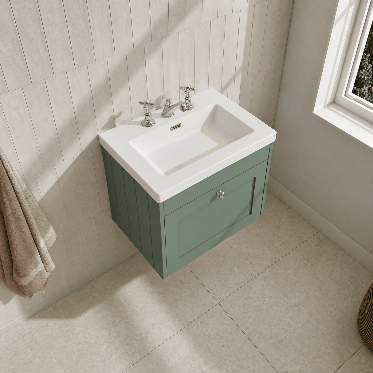 [BFHE894M] Balterley 600mm Wall Hung 1 Drawer Unit with Minimalist Basin 3 Tap Hole - Satin Green - Lifestyle 2