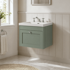 [BFHE894M] Balterley 600mm Wall Hung 1 Drawer Unit with Minimalist Basin 3 Tap Hole - Satin Green - Lifestyle 3