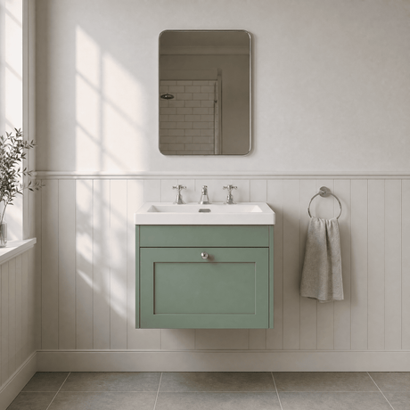 [BFHE894M] Balterley 600mm Wall Hung 1 Drawer Unit with Minimalist Basin 3 Tap Hole - Satin Green - Silo