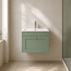 [BFHE894P] Balterley 600mm Wall Hung 1 Drawer Unit with Stone Basin 1 Tap Hole - Satin Green - Lifestyle 1
