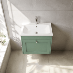 [BFHE894P] Balterley 600mm Wall Hung 1 Drawer Unit with Stone Basin 1 Tap Hole - Satin Green - Lifestyle 2