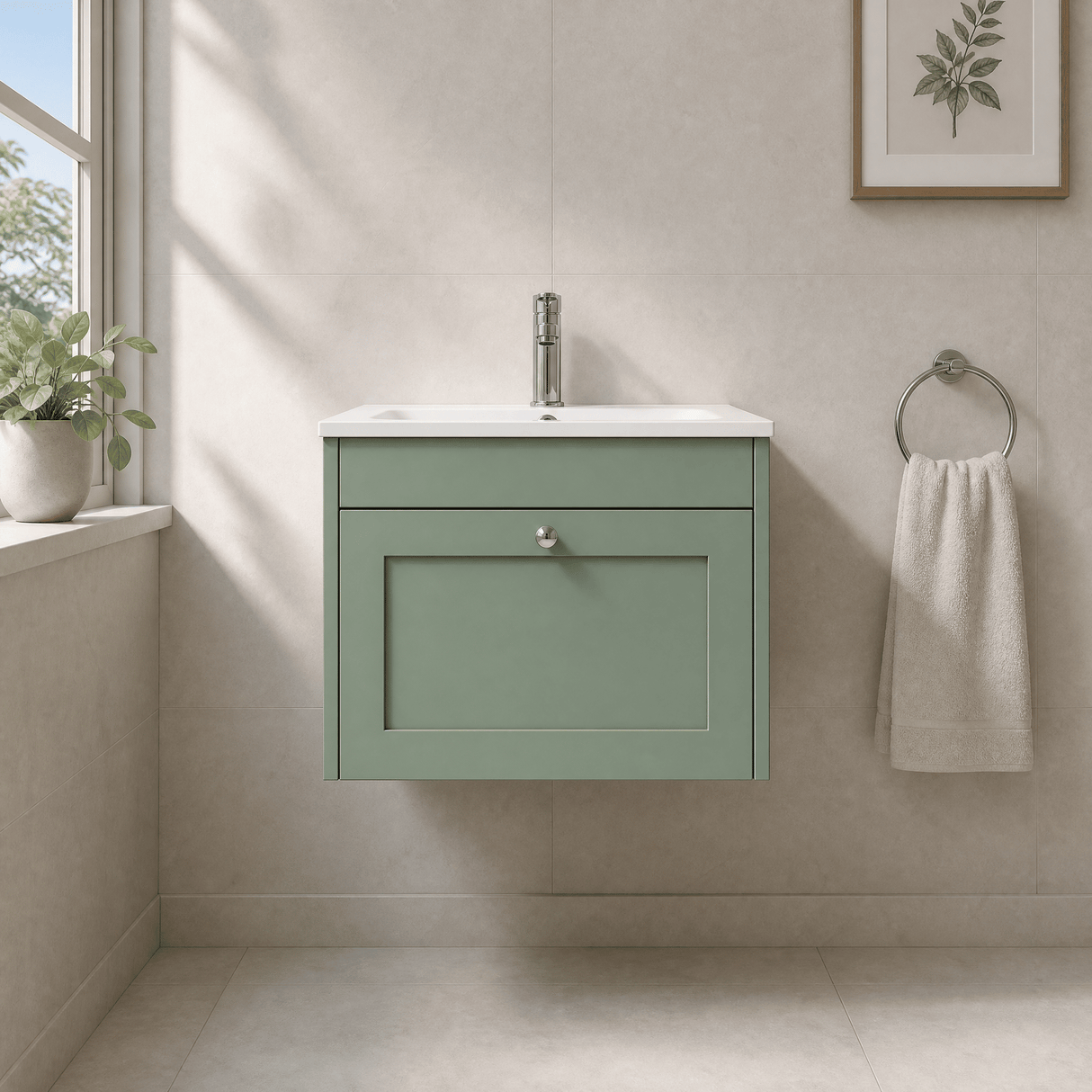 [BFHE894P] Balterley 600mm Wall Hung 1 Drawer Unit with Stone Basin 1 Tap Hole - Satin Green - Silo