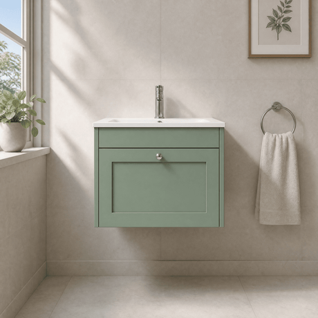[BFHE894P] Balterley 600mm Wall Hung 1 Drawer Unit with Stone Basin 1 Tap Hole - Satin Green - Silo