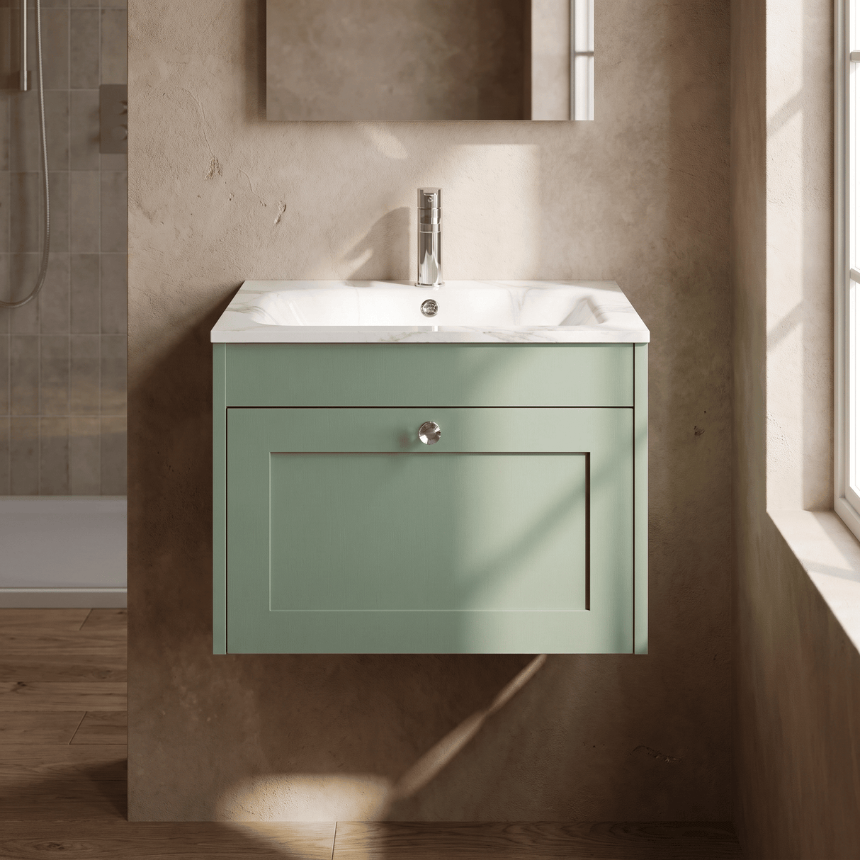 [BFHE894Q] Balterley 600mm Wall Hung 1 Drawer Unit with Stone Basin 1 Tap Hole, Satin Green - Lifestyle 1