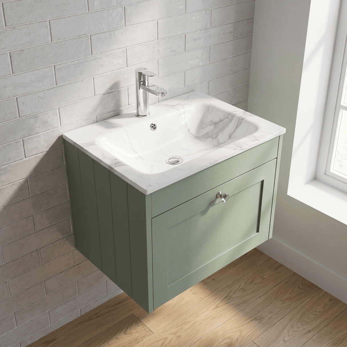 [BFHE894Q] Balterley 600mm Wall Hung 1 Drawer Unit with Stone Basin 1 Tap Hole, Satin Green - Lifestyle 2