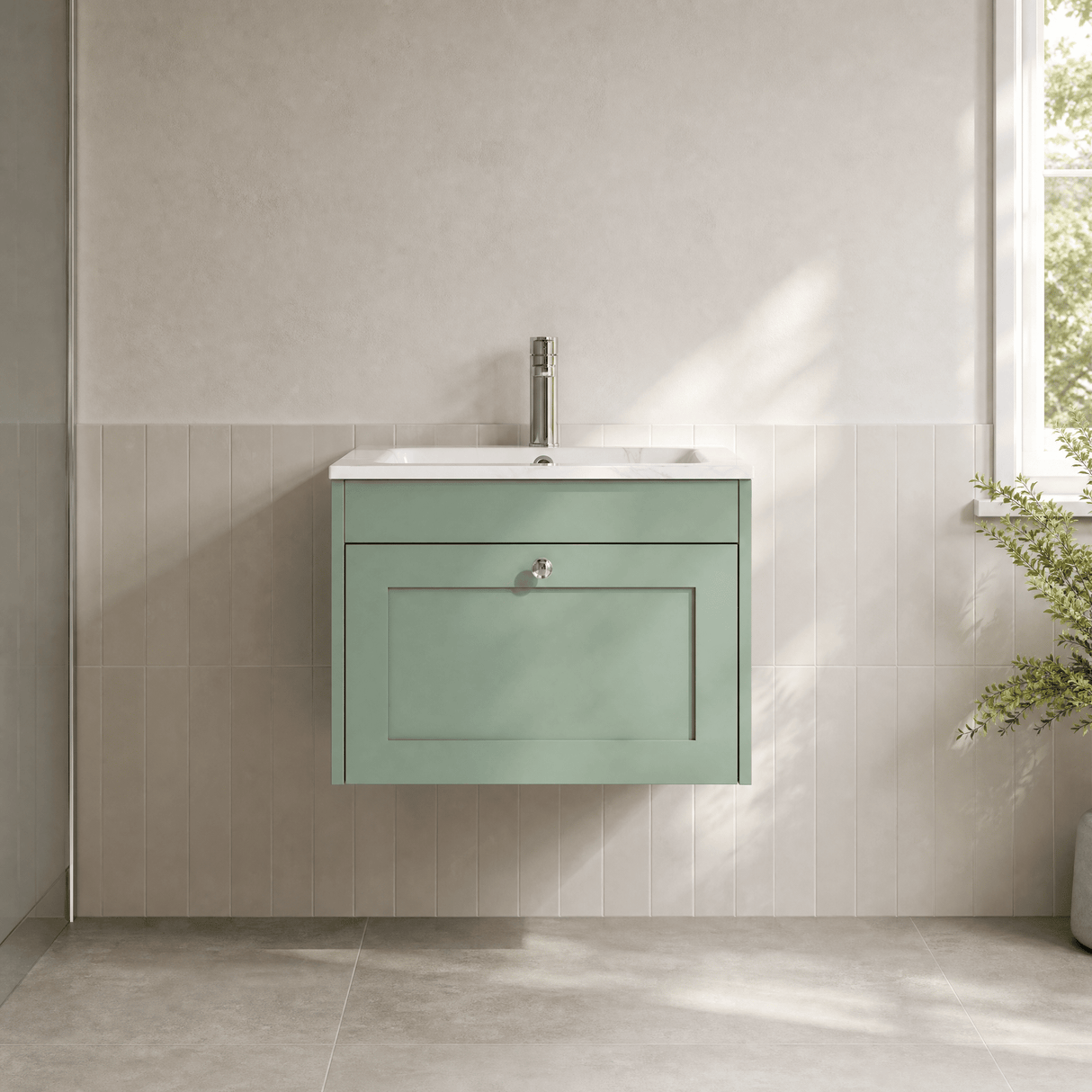 [BFHE894Q] Balterley 600mm Wall Hung 1 Drawer Unit with Stone Basin 1 Tap Hole, Satin Green - Silo