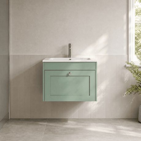 [BFHE894Q] Balterley 600mm Wall Hung 1 Drawer Unit with Stone Basin 1 Tap Hole, Satin Green - Silo