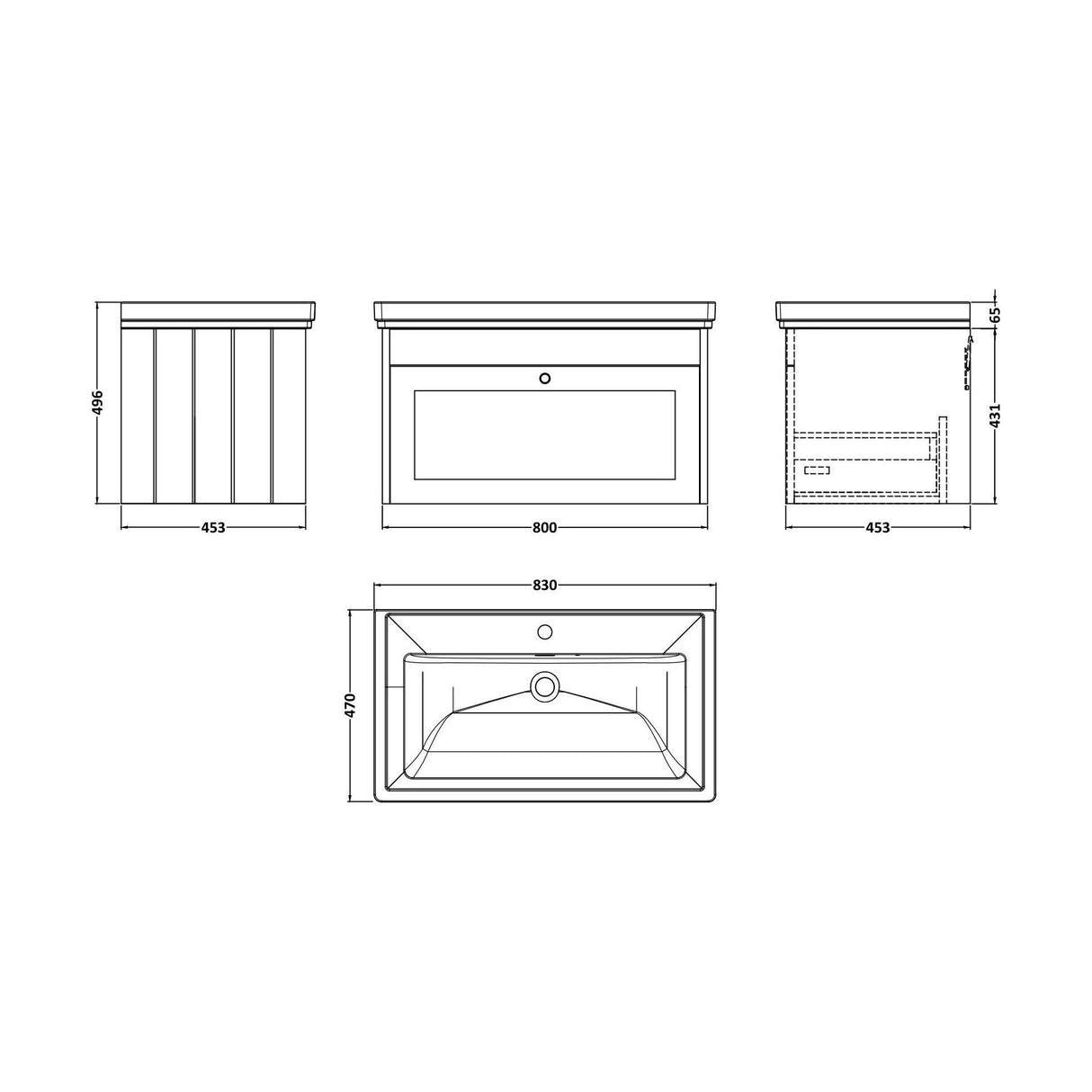 [BFHE896A] Balterley 800mm Wall Hung 1 Drawer Unit with Classic Basin 1 Tap Hole - Satin Green - Technical Drawing