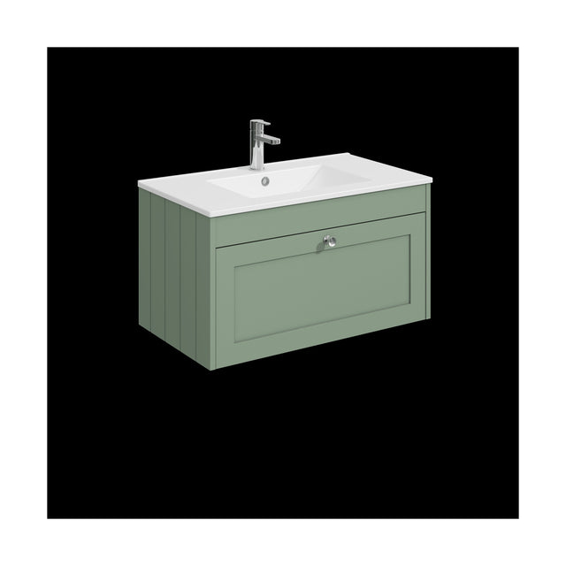 [BFHE896C] Balterley 800mm Wall Hung 1 Drawer Unit with Minimalist Basin 1 Tap Hole - Satin Green - Cutout