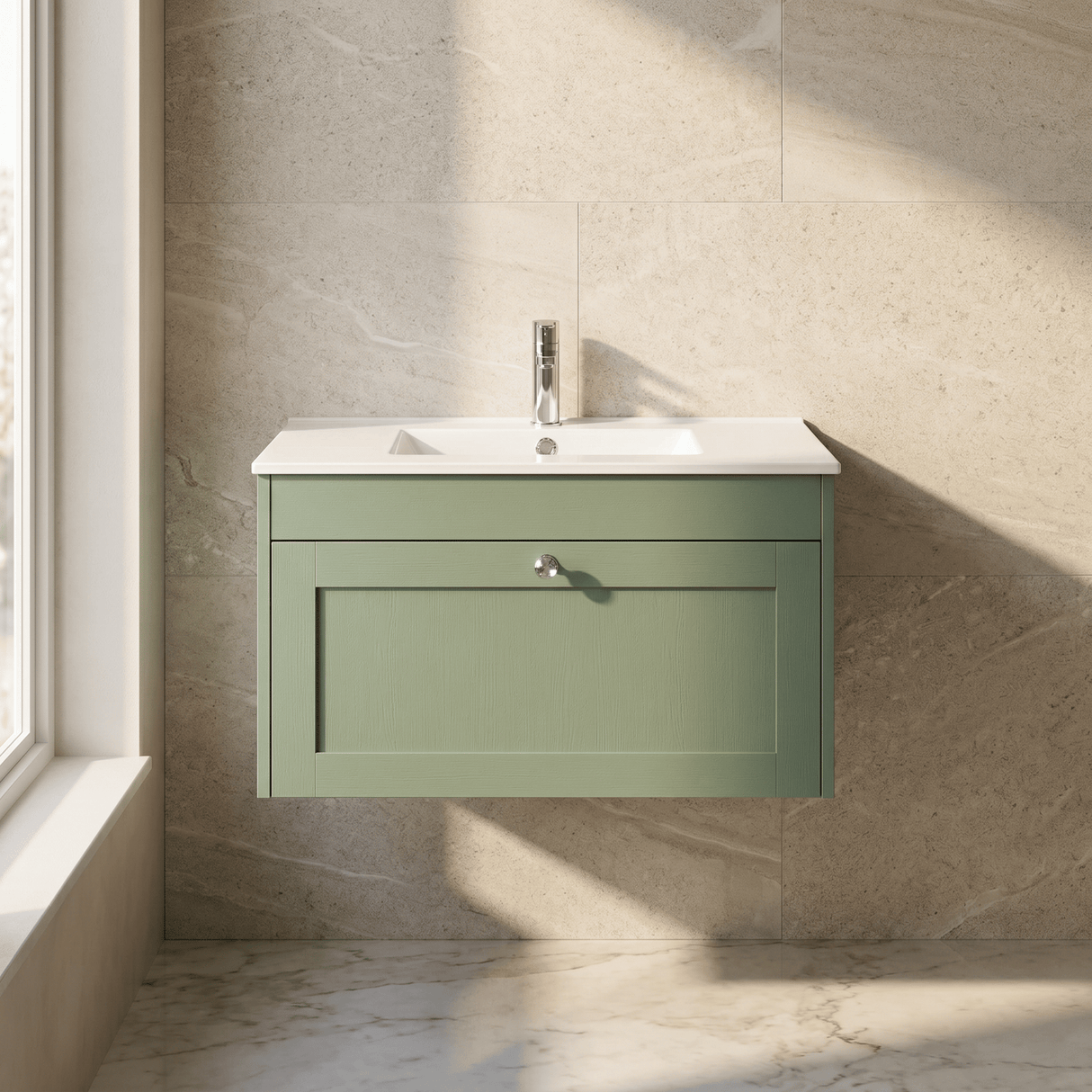 [BFHE896C] Balterley 800mm Wall Hung 1 Drawer Unit with Minimalist Basin 1 Tap Hole - Satin Green - Lifestyle 1