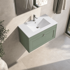 [BFHE896C] Balterley 800mm Wall Hung 1 Drawer Unit with Minimalist Basin 1 Tap Hole - Satin Green - Lifestyle 2