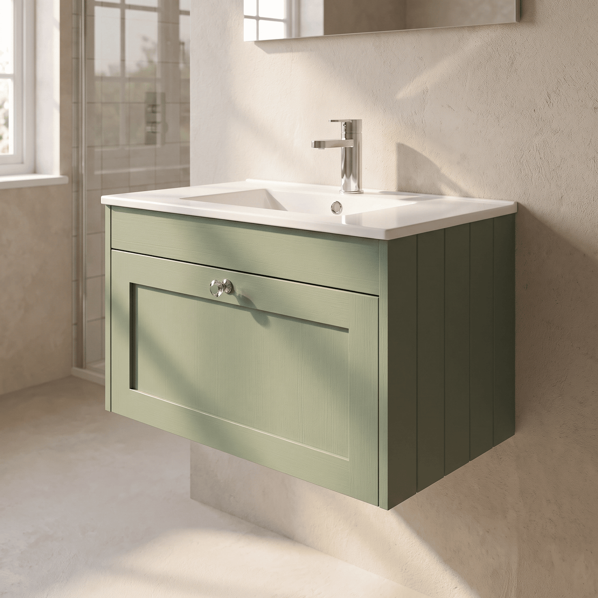 [BFHE896C] Balterley 800mm Wall Hung 1 Drawer Unit with Minimalist Basin 1 Tap Hole - Satin Green - Lifestyle 3