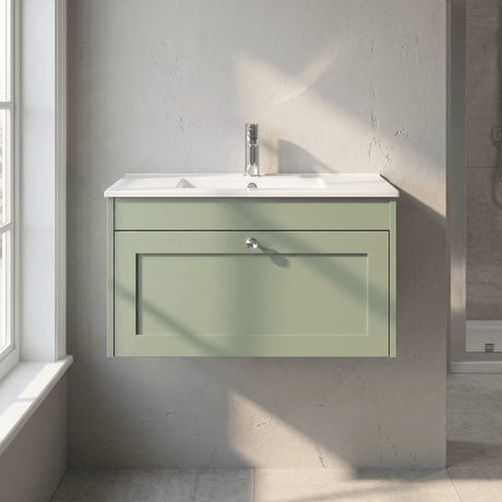 [BFHE896C] Balterley 800mm Wall Hung 1 Drawer Unit with Minimalist Basin 1 Tap Hole - Satin Green - Silo