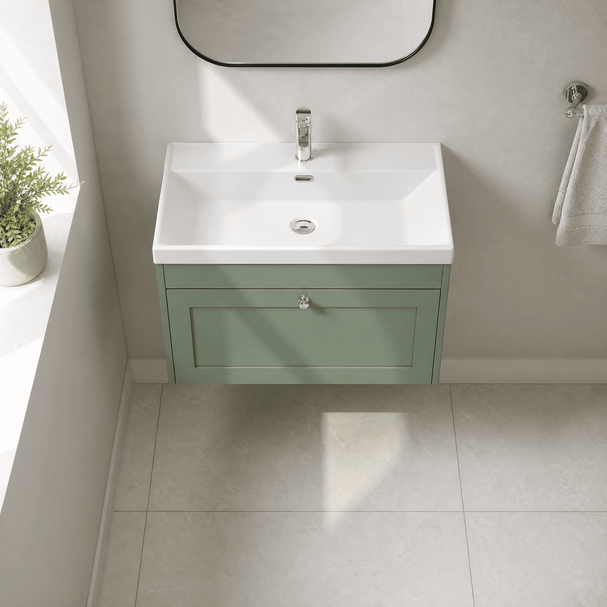 [BFHE896E] Balterley 800mm Wall Hung 1 Drawer Unit with Thin Edge Basin 1 Tap Hole - Satin Green - Lifestyle 2