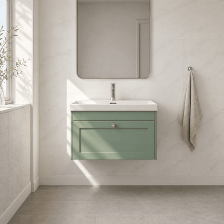 [BFHE896E] Balterley 800mm Wall Hung 1 Drawer Unit with Thin Edge Basin 1 Tap Hole - Satin Green - Silo