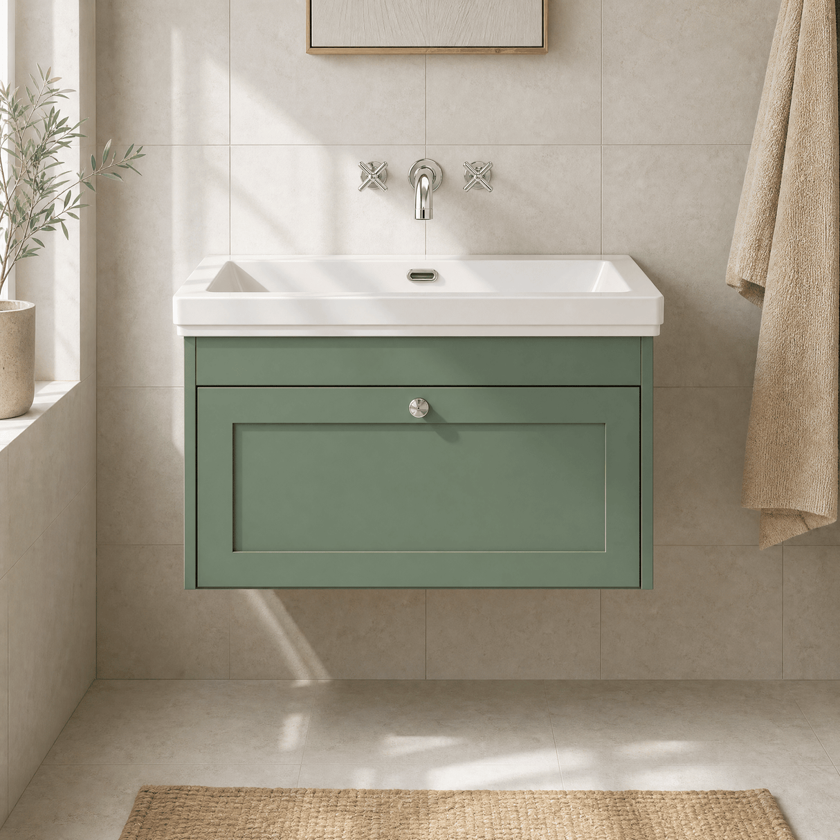 [BFHE896H] Balterley 800mm Wall Hung 1 Drawer Unit with Classic Basin No Tap Hole - Satin Green - Lifestyle 1