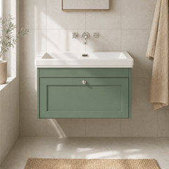 [BFHE896H] Balterley 800mm Wall Hung 1 Drawer Unit with Classic Basin No Tap Hole - Satin Green - Lifestyle 1