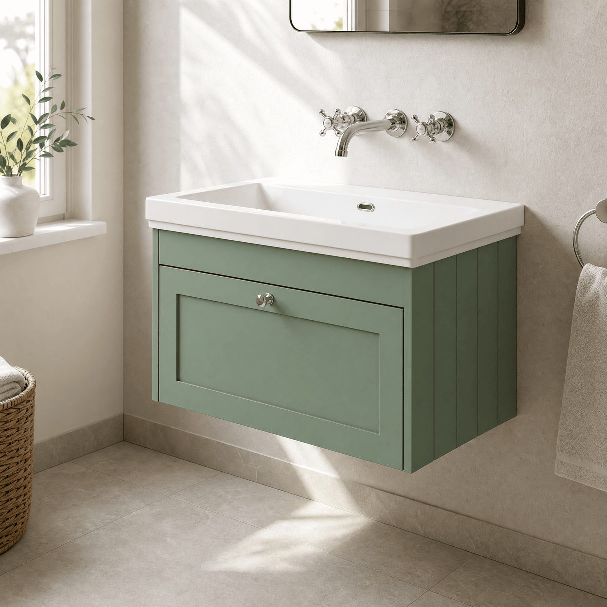[BFHE896H] Balterley 800mm Wall Hung 1 Drawer Unit with Classic Basin No Tap Hole - Satin Green - Lifestyle 3