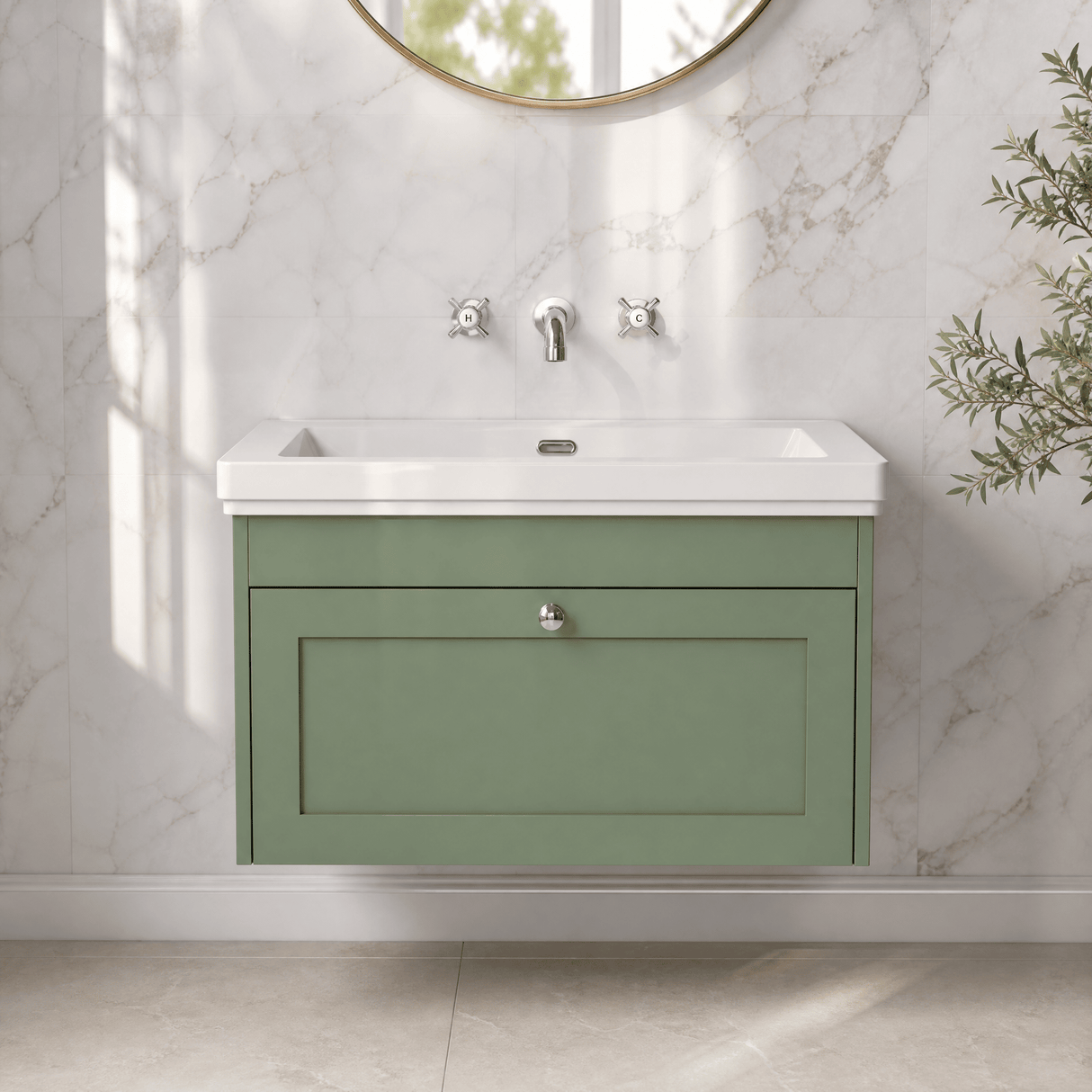 [BFHE896H] Balterley 800mm Wall Hung 1 Drawer Unit with Classic Basin No Tap Hole - Satin Green - Silo